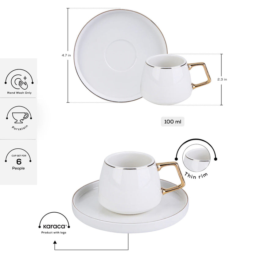 Karaca Streamline Saturn 6 Piece Porcelain Espresso Turkish Coffee Cup Set 100ml -White Gold