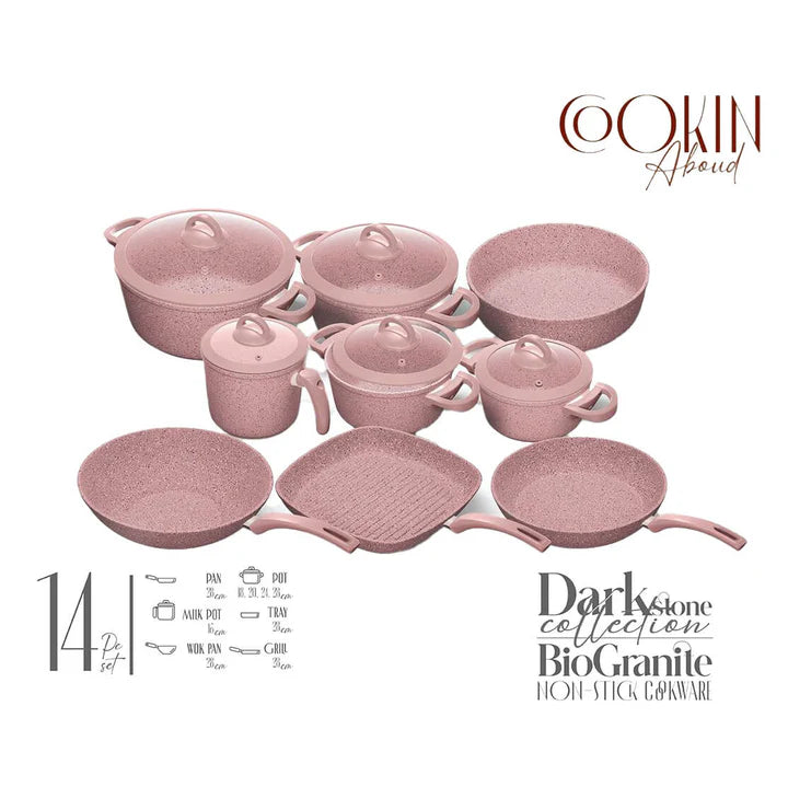 Cookin Aboud 14 Pieces Set Bio Granite ( 18-20--24-28 ) pots + Milk pot 16 cm +  Fry Pans 26 cm + Wok 28 cm+ Grill 28 cm + Oven Tray 26 Cm 