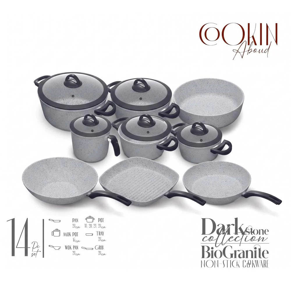 Cookin Aboud 14 Pieces Set Bio Granite ( 18-20--24-28 ) pots + Milk pot 16 cm +  Fry Pans 26 cm + Wok 28 cm+ Grill 28 cm + Oven Tray 26 Cm 