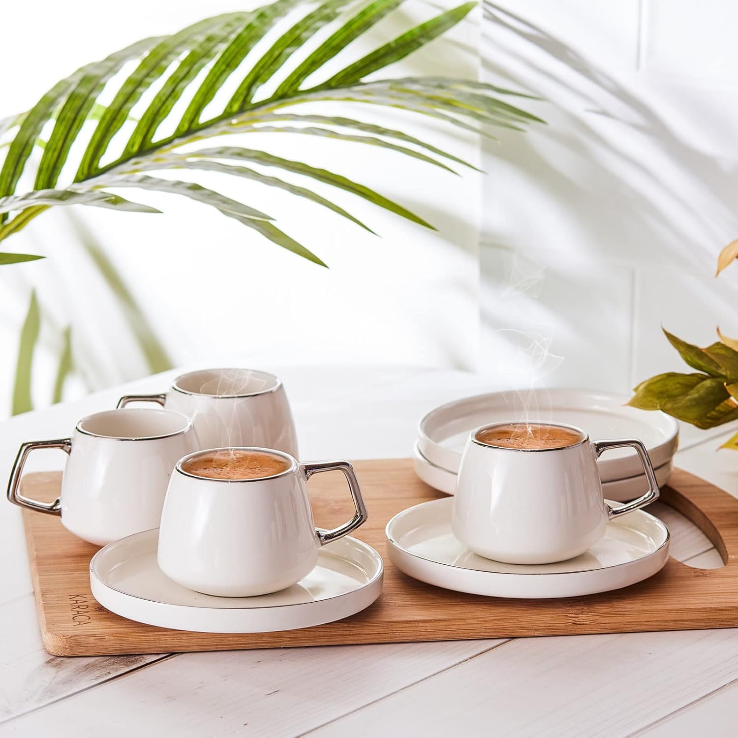 Karaca Streamline 12Piece Porcelain Espresso Turkish Coffee Cup Set for 6 People 100ml- White Silver