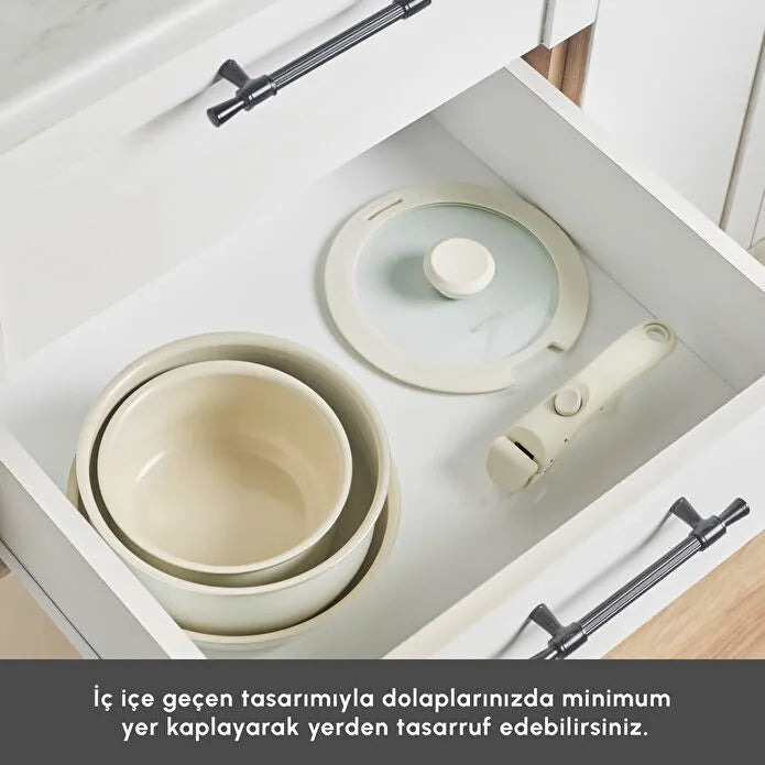 Karaca x Swiss Crystal Almond Easy Clip 5 Piece Induction Base Cookware Set -Cream 
