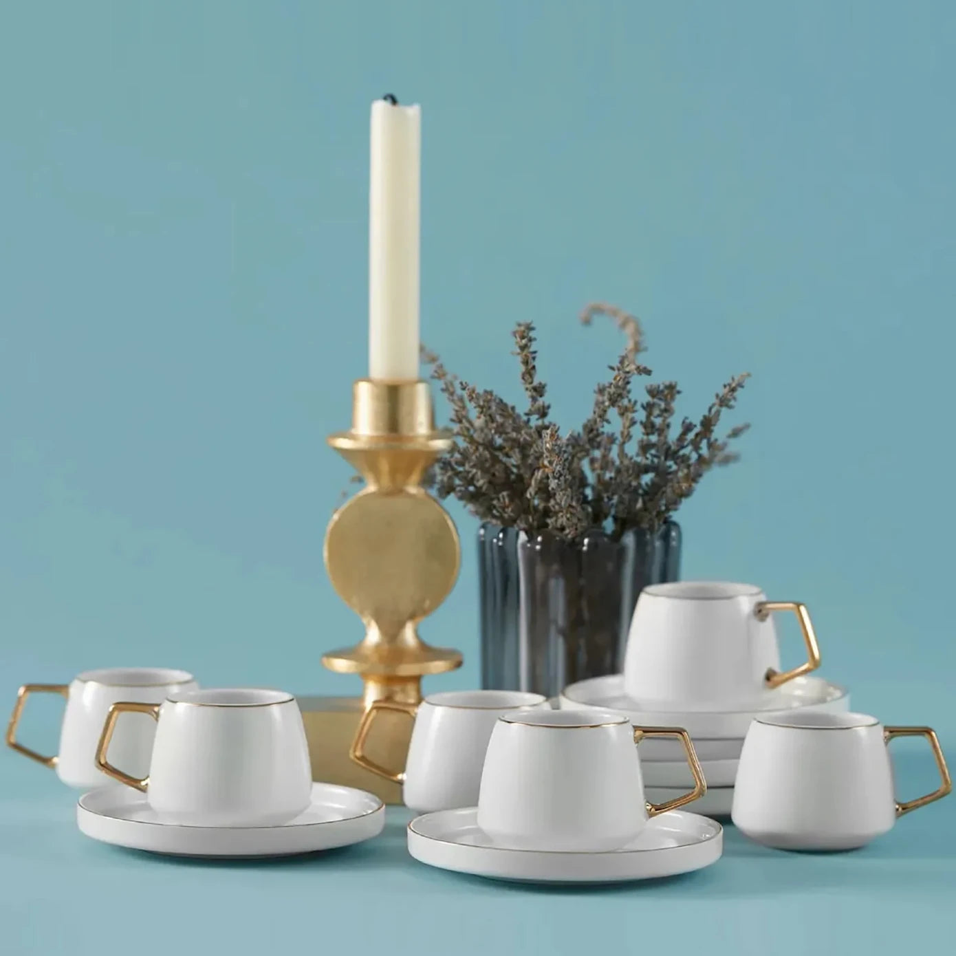 Karaca Streamline Saturn 6 Piece Porcelain Espresso Turkish Coffee Cup Set 100ml -White Gold