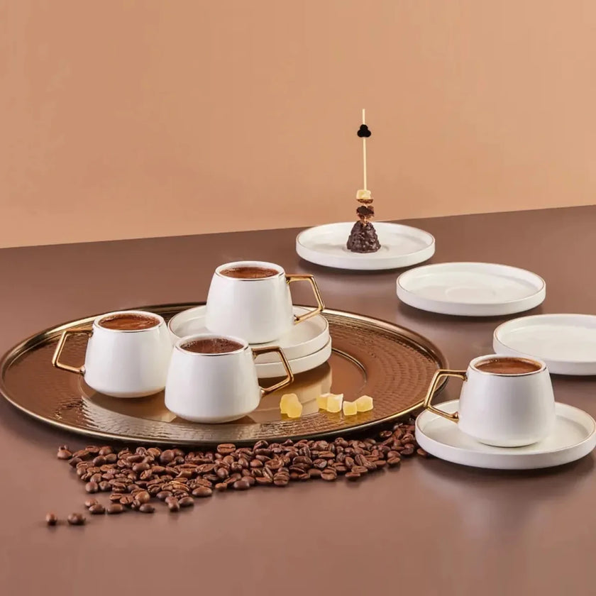 Karaca Streamline Saturn 6 Piece Porcelain Espresso Turkish Coffee Cup Set 100ml -White Gold