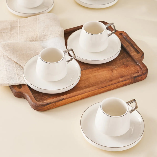 Karaca Streamline 12Piece Porcelain Espresso Turkish Coffee Cup Set for 6 People 100ml- White Silver