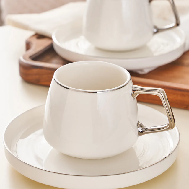 Karaca Streamline 12Piece Porcelain Espresso Turkish Coffee Cup Set for 6 People 100ml- White Silver