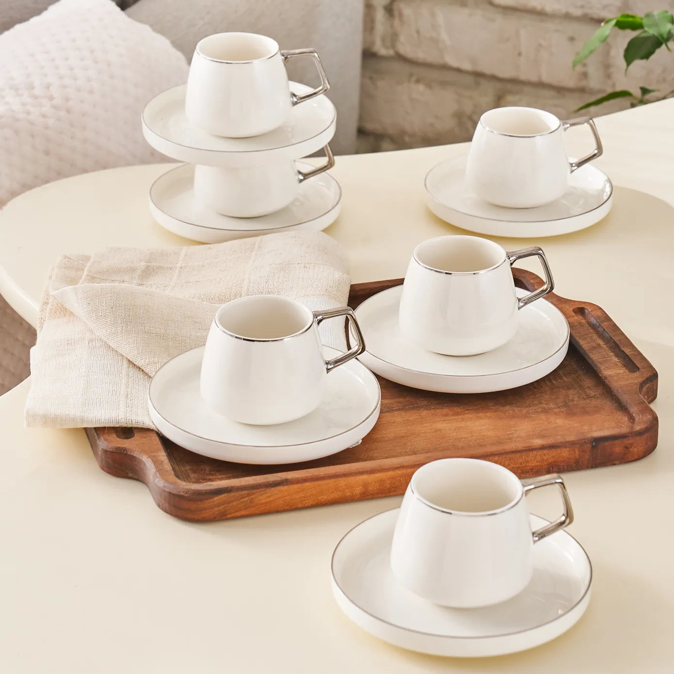 Karaca Streamline 12Piece Porcelain Espresso Turkish Coffee Cup Set for 6 People 100ml- White Silver