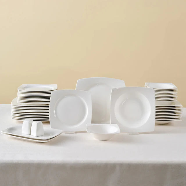 Karaca Square Bone China Jamie 52-Piece Dinner Set for 12 People -White