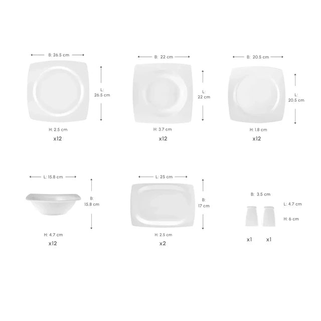 Karaca Square Bone China Jamie 52-Piece Dinner Set for 12 People -White