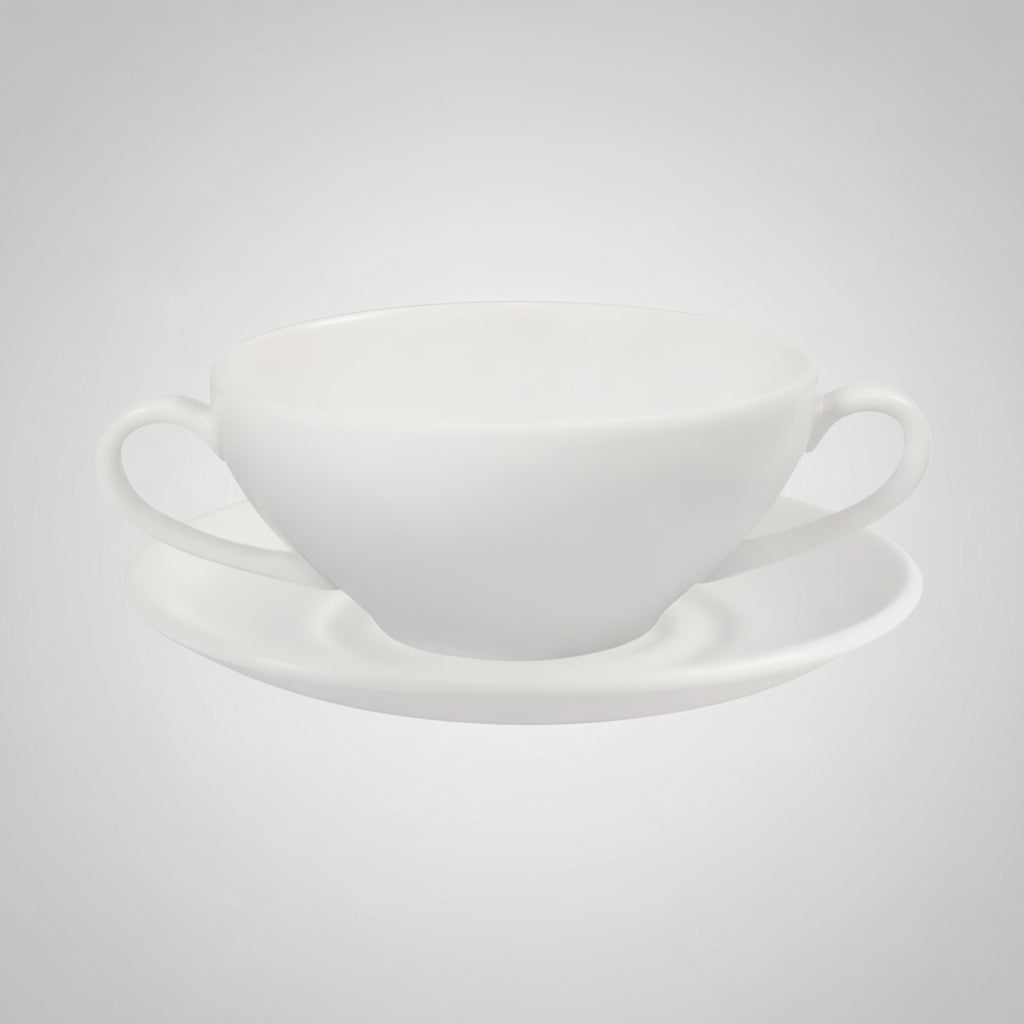 رويال بورسلين بولة بيدين بالطبق (بولة شوربة بمقبضين 11 سم/0.23 لتر + طبق فنجان 16 سم) - أبيض