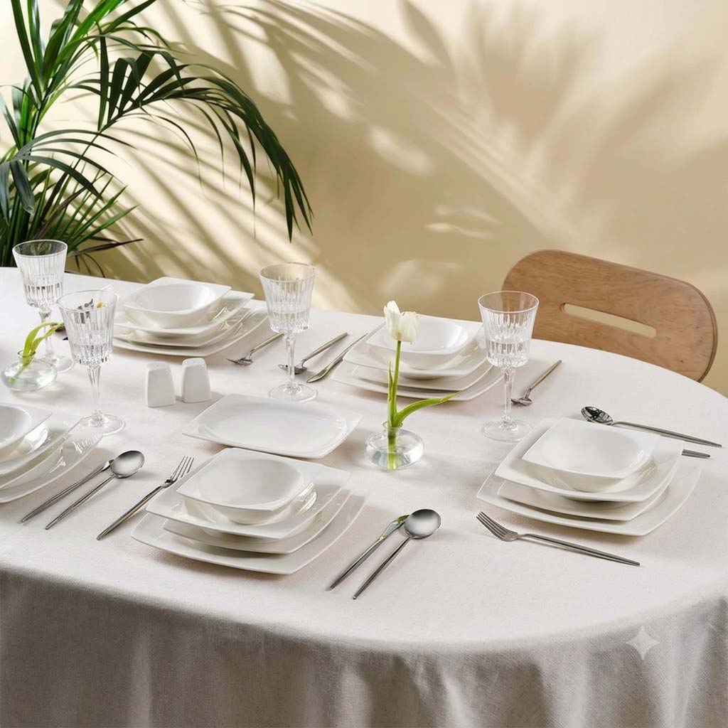 Karaca Square Bone China Jamie 52-Piece Dinner Set for 12 People -White