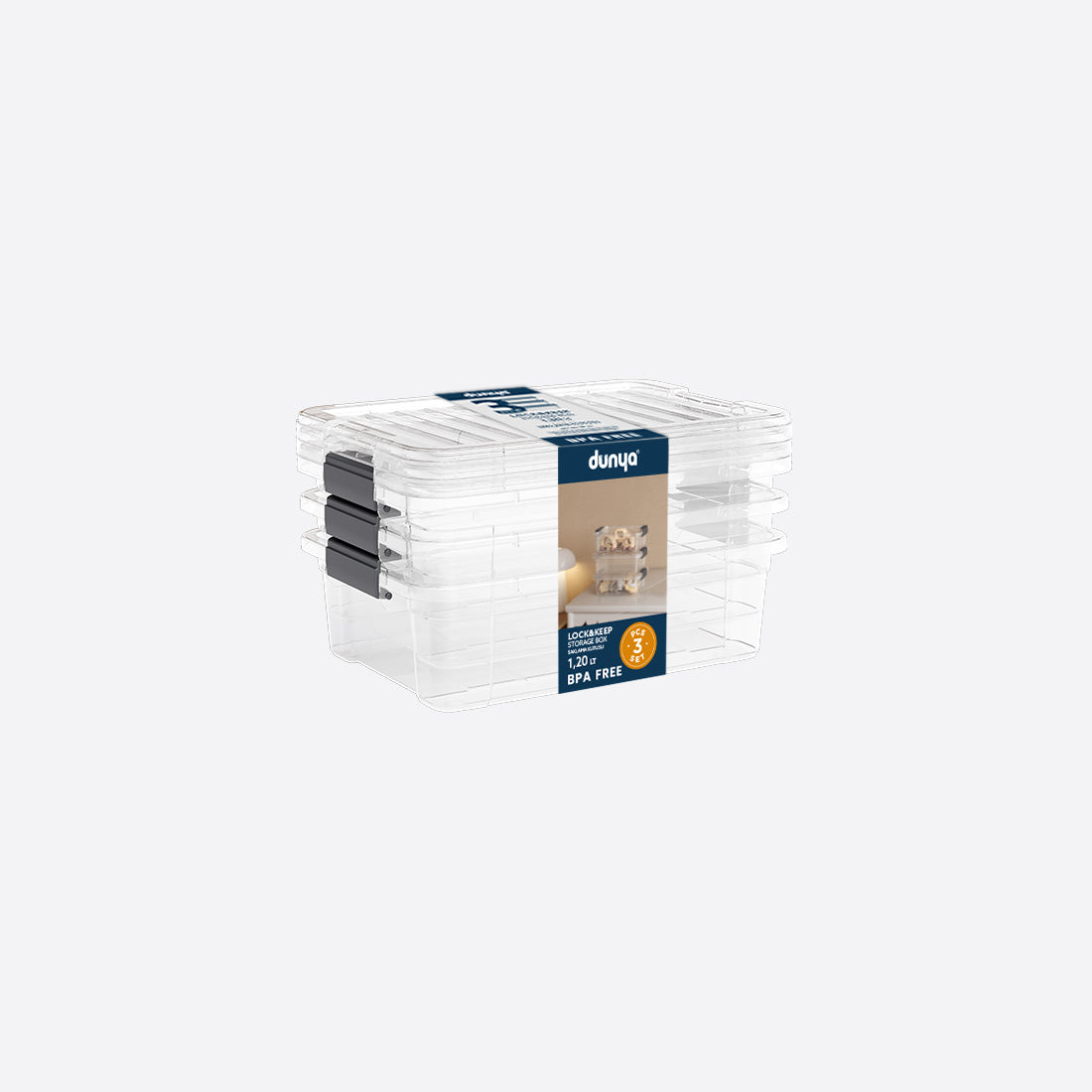 Dunya Lock & Keep Plastic Storage Container Set 3 Pcs(1,2 L) - Transparent