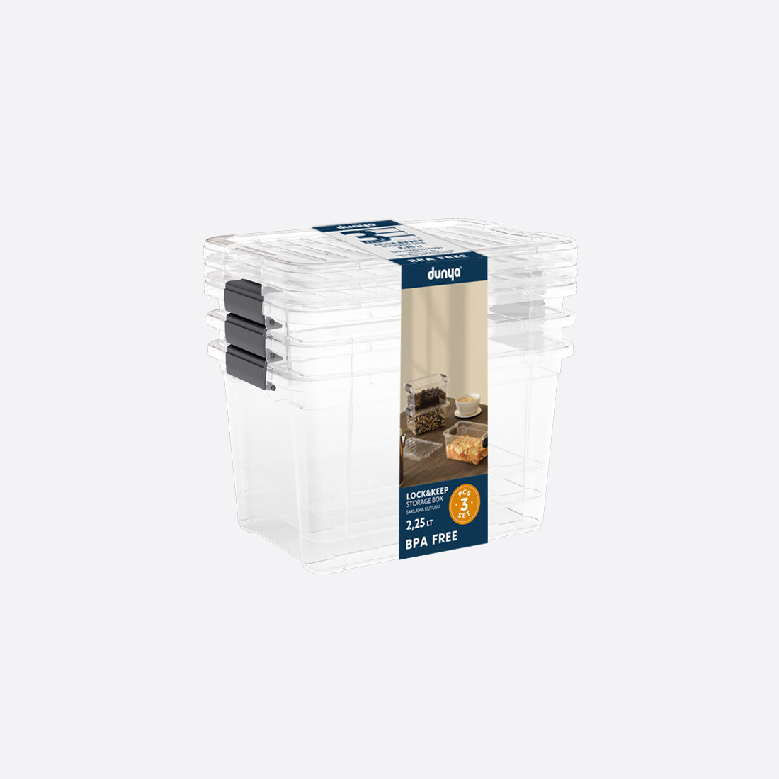 Dunya Lock&Keep Plastic Storage Container Set 3 pcs(2,25 Liter) - Transparent