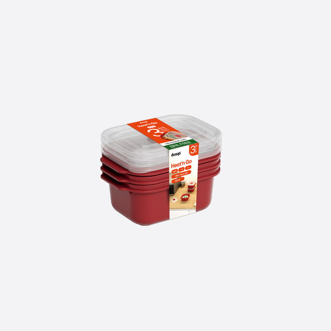 Dunya Food container Set 3 pcs plastic 500 ml Rectangular Heat'N Go - Red