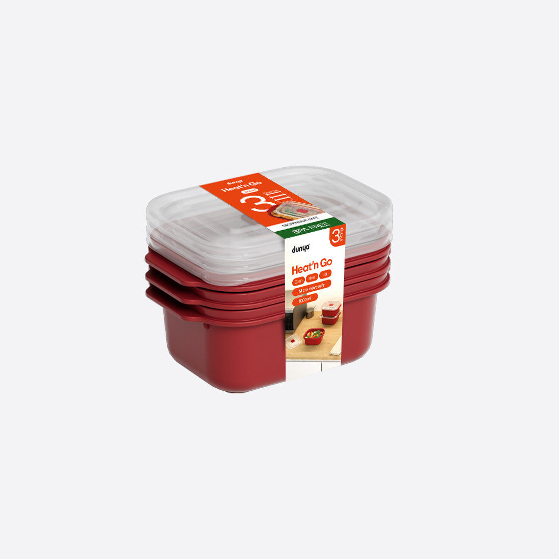Dunya Heat'N Go Plastic Food container Rectangular Set 3 pcs 1000 ml - Red