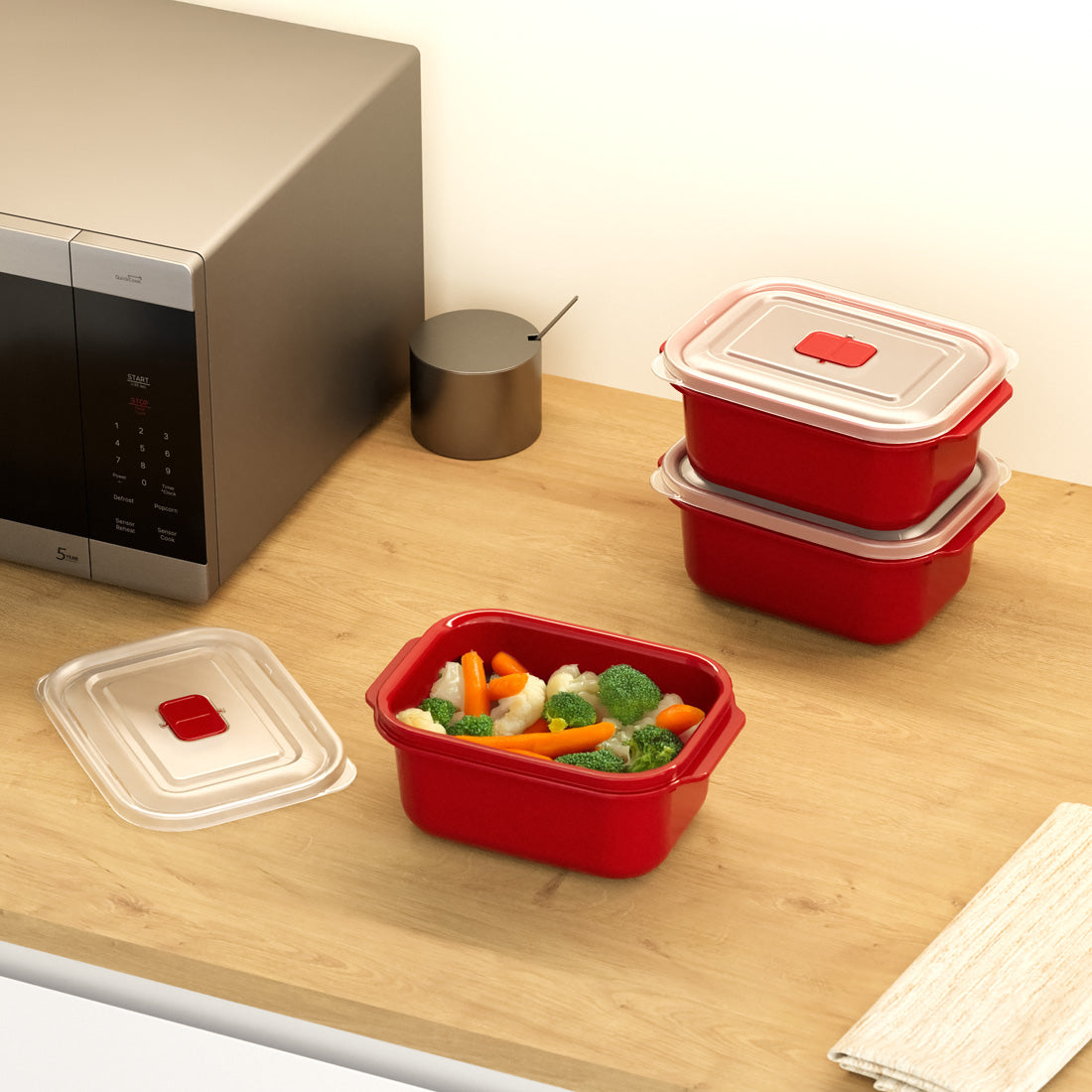 Dunya Heat'N Go Plastic Food container Rectangular Set 3 pcs 1000 ml - Red