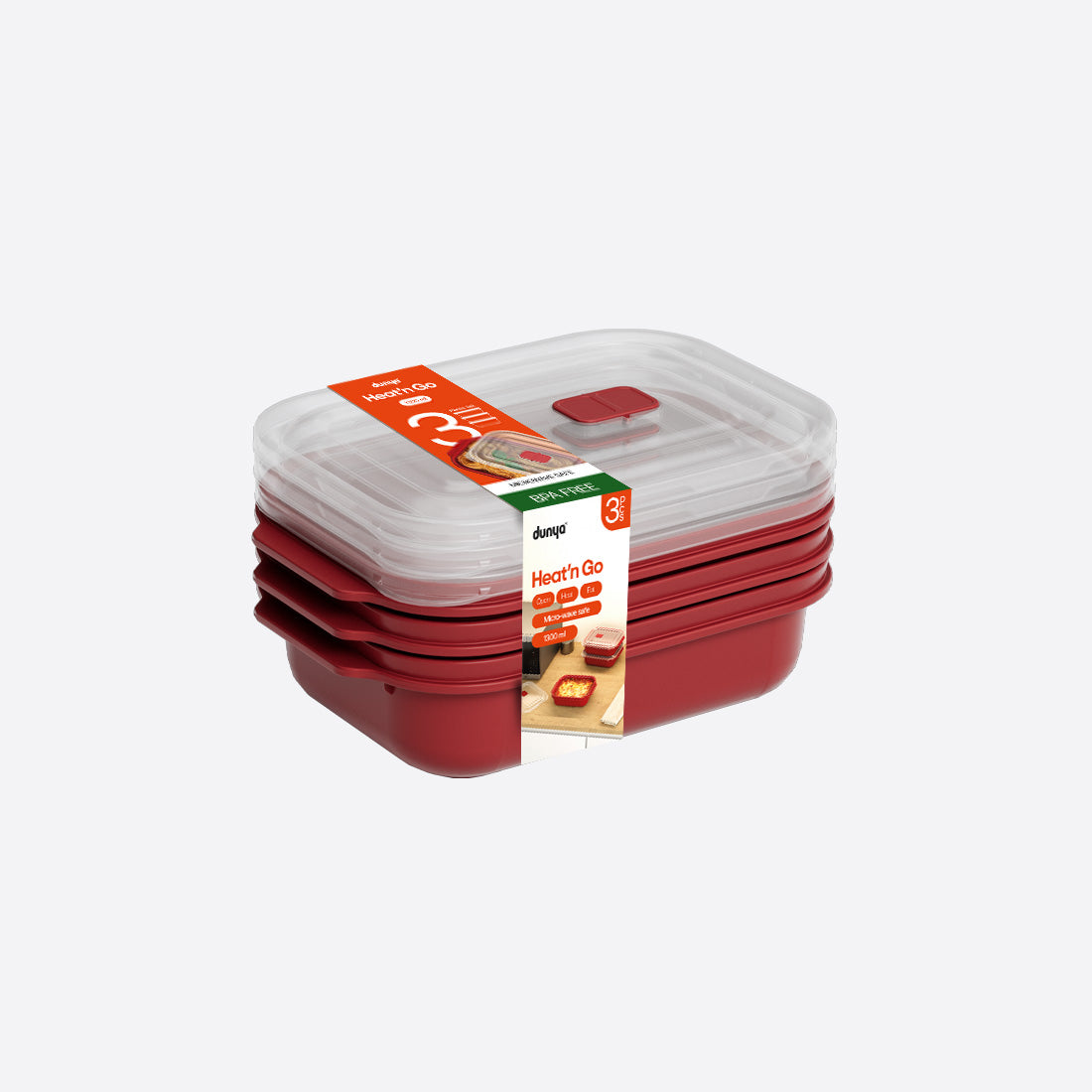 Dunya Food container Set 3 pcs plastic1300 ml Rectangular Heat'N Go - Red