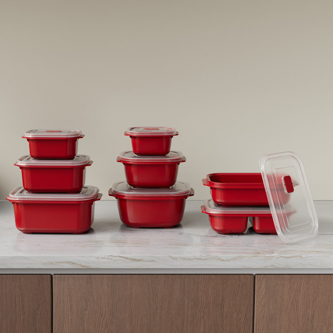 Dunya Food container Set 3 pcs plastic1300 ml Rectangular Heat'N Go - Red