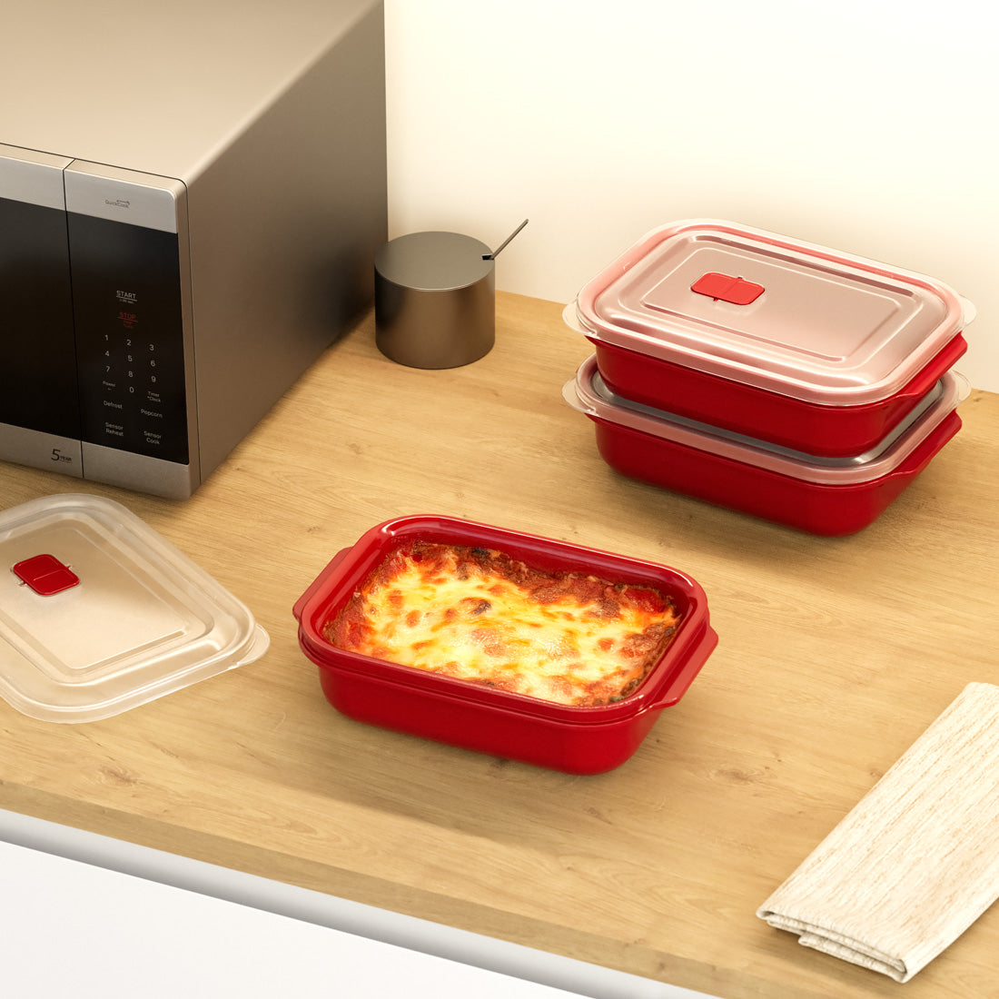 Dunya Food container Set 3 pcs plastic1300 ml Rectangular Heat'N Go - Red