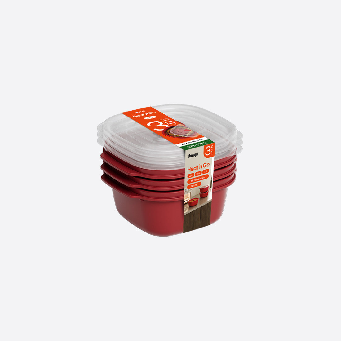 Dunya Food container Set 3 pcs plastic 1100 ml Square Heat'N Go - Red
