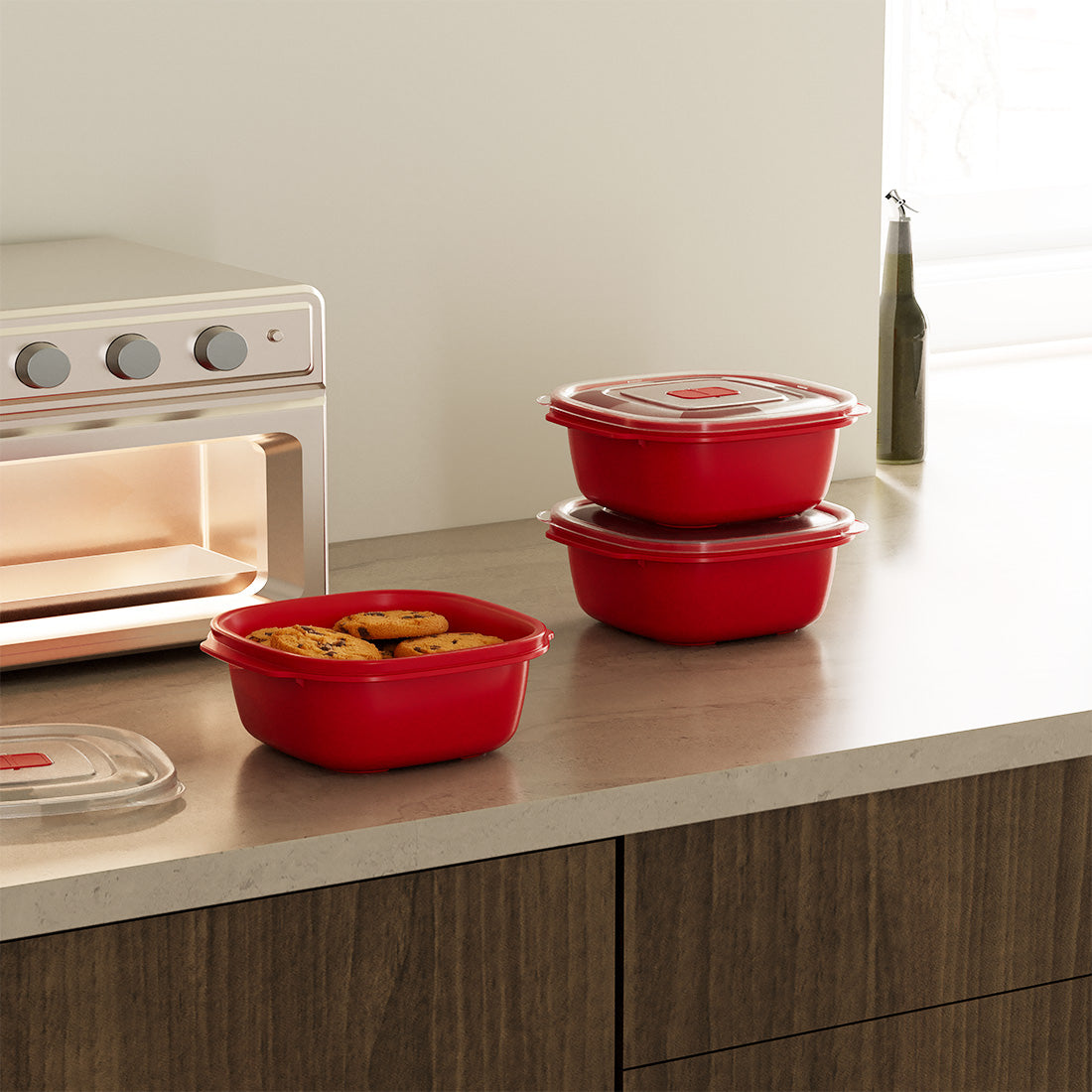 Dunya Food container Set 3 pcs plastic 1100 ml Square Heat'N Go - Red
