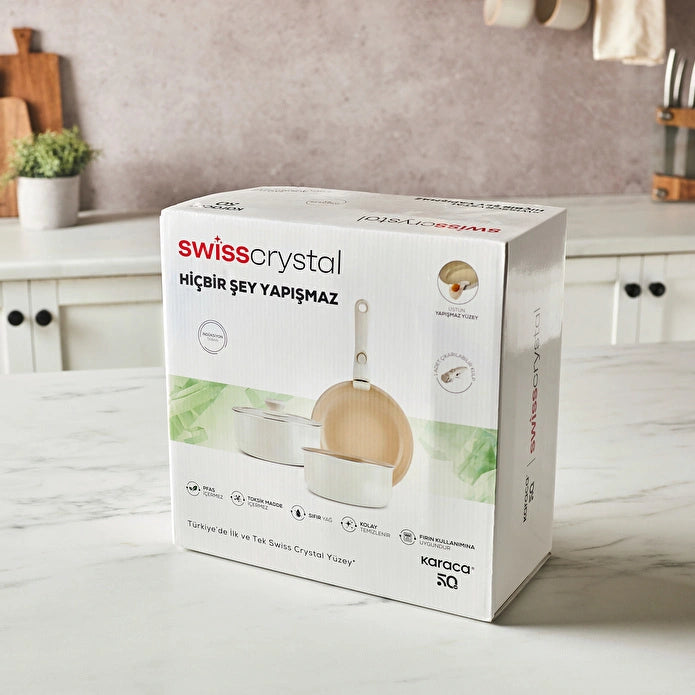 Karaca x Swiss Crystal Almond Easy Clip 5 Piece Induction Base Cookware Set -Cream 

