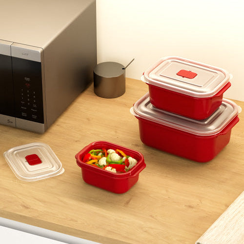 Dunya Food container Set 3 pcs plastic 500 ml Rectangular Heat'N Go - Red